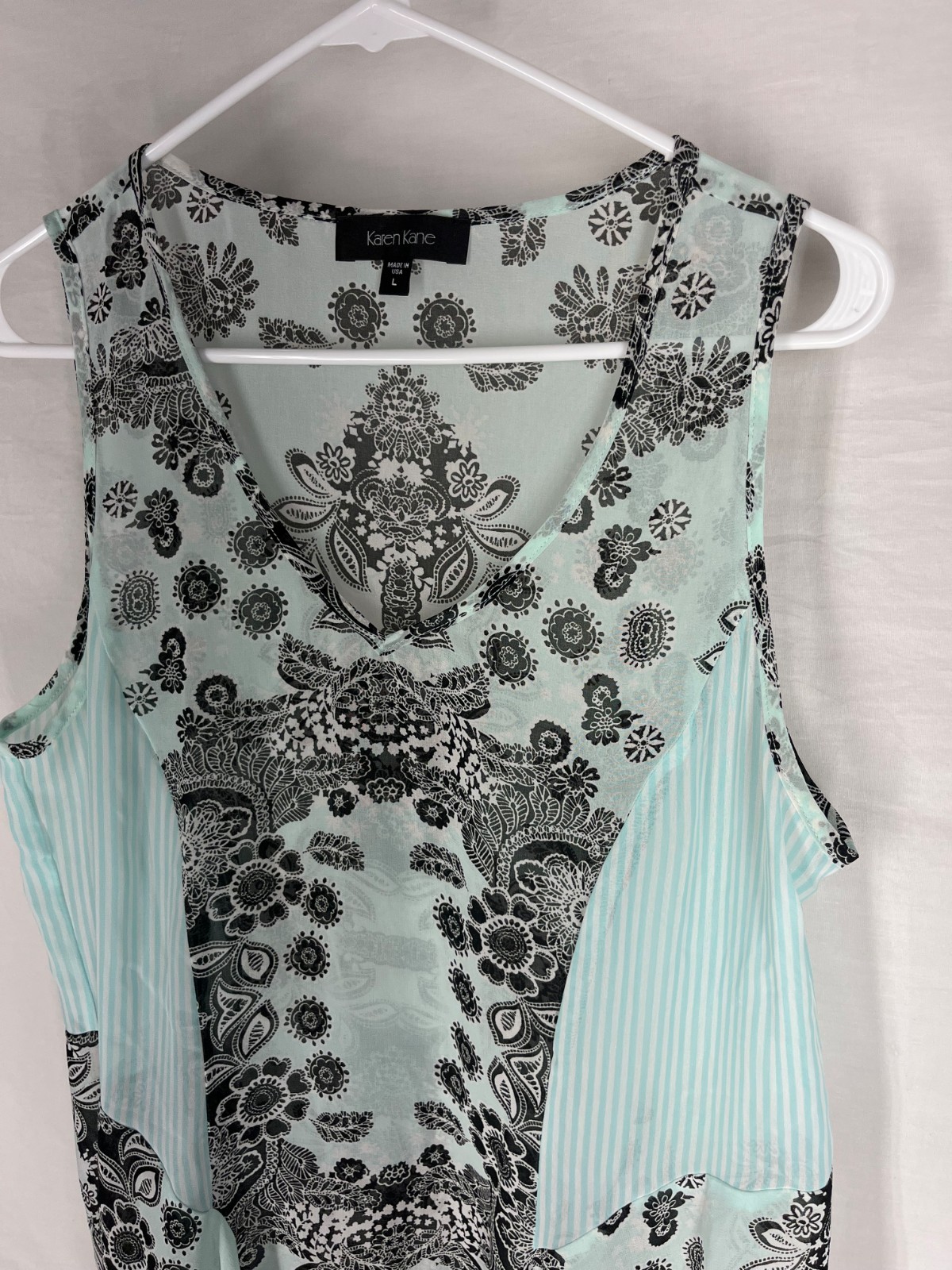 KAREN KANE Blouse Large Blue Floral Sheer Top Shirt Asymmetric Resortwear Casual