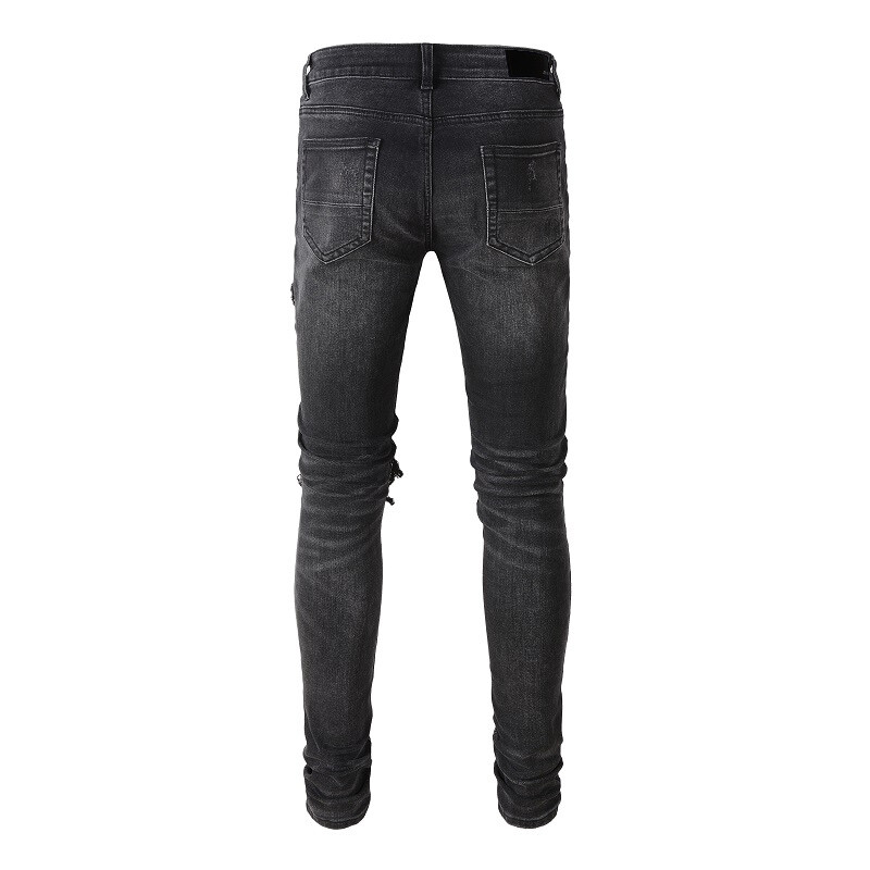 Men’s Black Skinny Stretch Jeans with Pink Patchwork Rips, Raw Hem, Button Waist