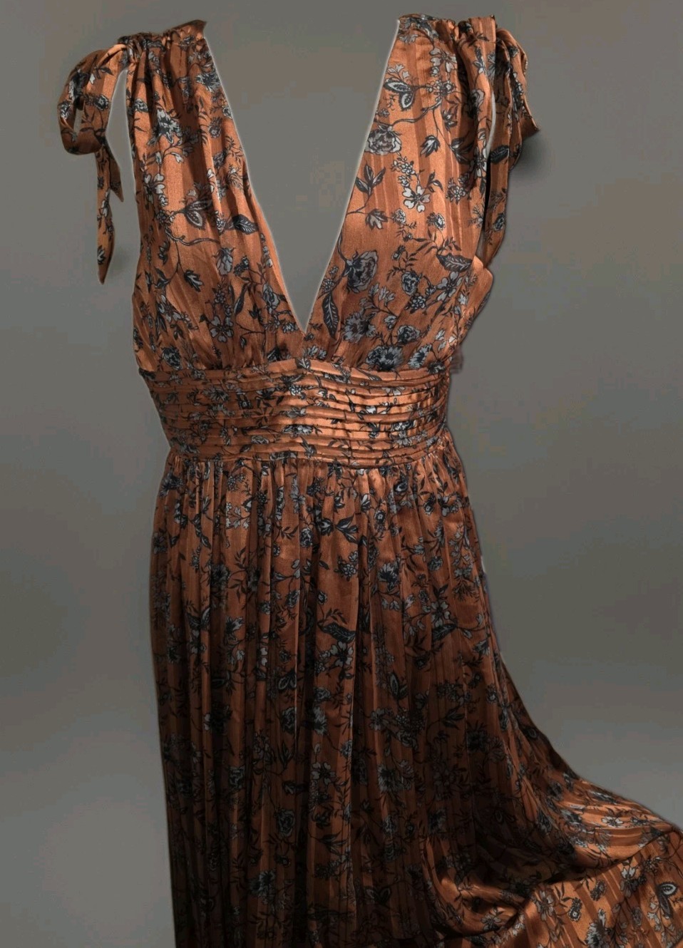 Sugarlips Brown Floral Chiffon Maxi Dress V-Neck Puff Sleeve Ruffle Zip L