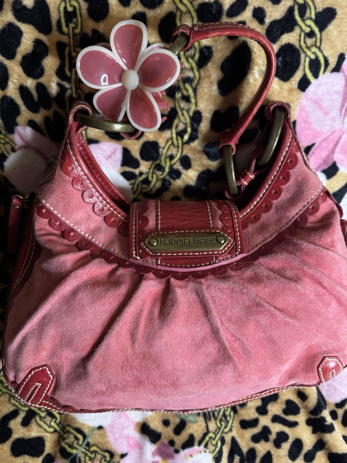 Isabella Fiore Pink/Red Shoulder Bag Top Handle Zip Buckle Beaded Chain Charm