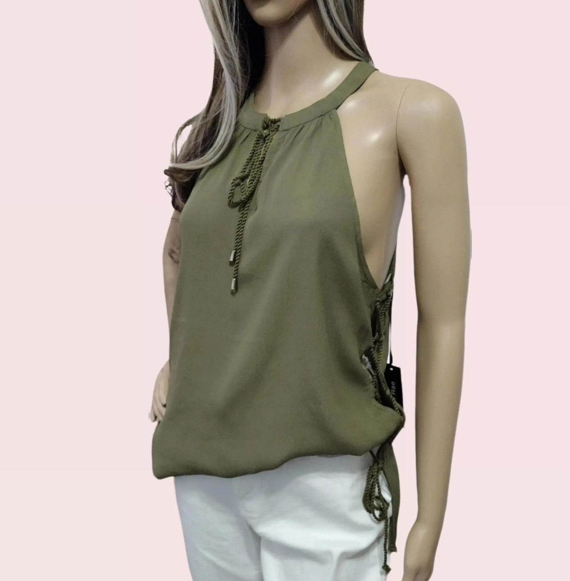 Doe & Rae Women’s Dark Green Open Side Cut Out Halter Tank Top NWT