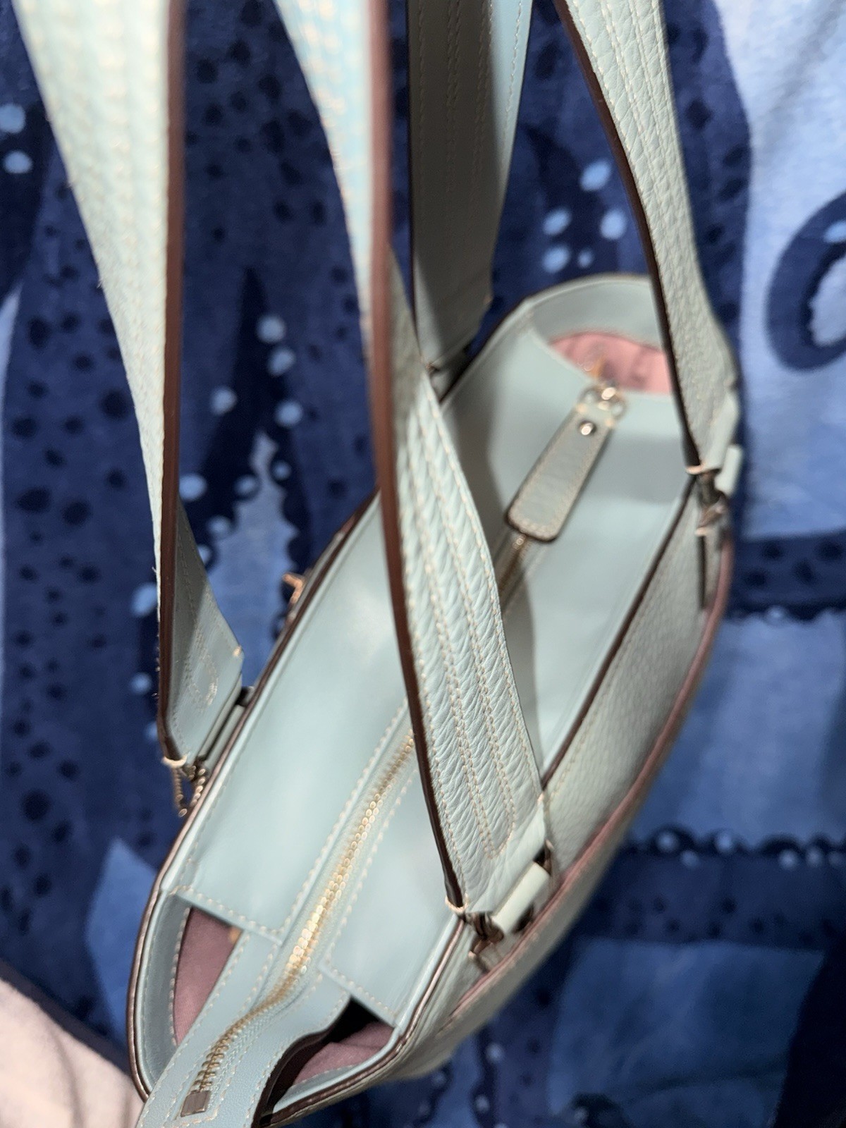 Coach Light Blue Pebbled Tote Zip Top Turn Lock Pink Lining, Charm, Medium