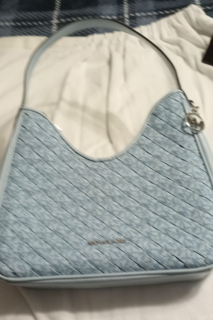 Michael Kors Nayla Small Woven Signature Logo Hobo Shoulder Bag Pale Ocean