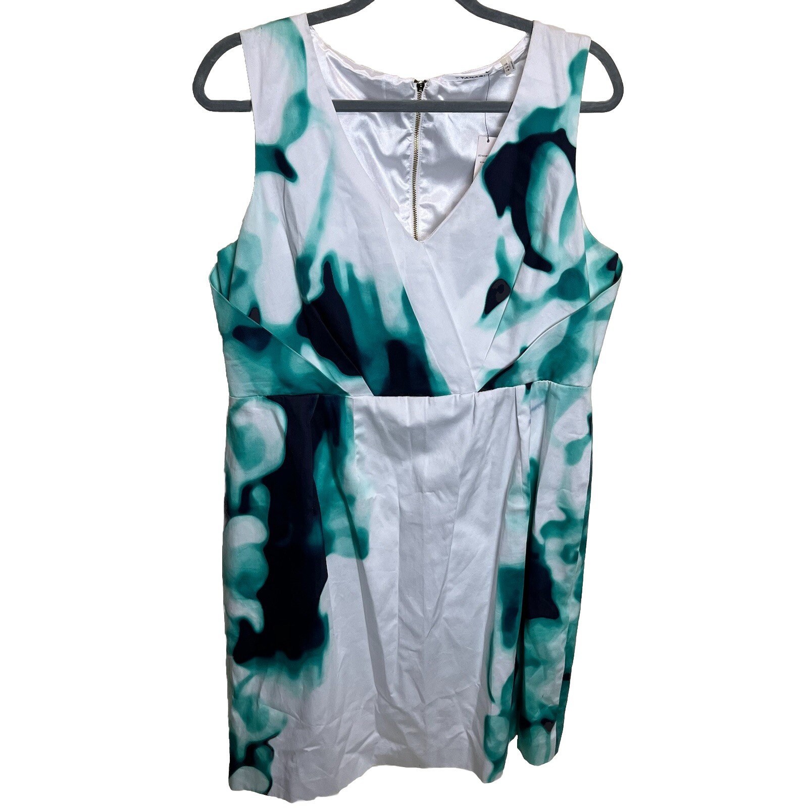 T Tahari Turquoise and White Watercolor V Neck Sheath Dress Size 14 New