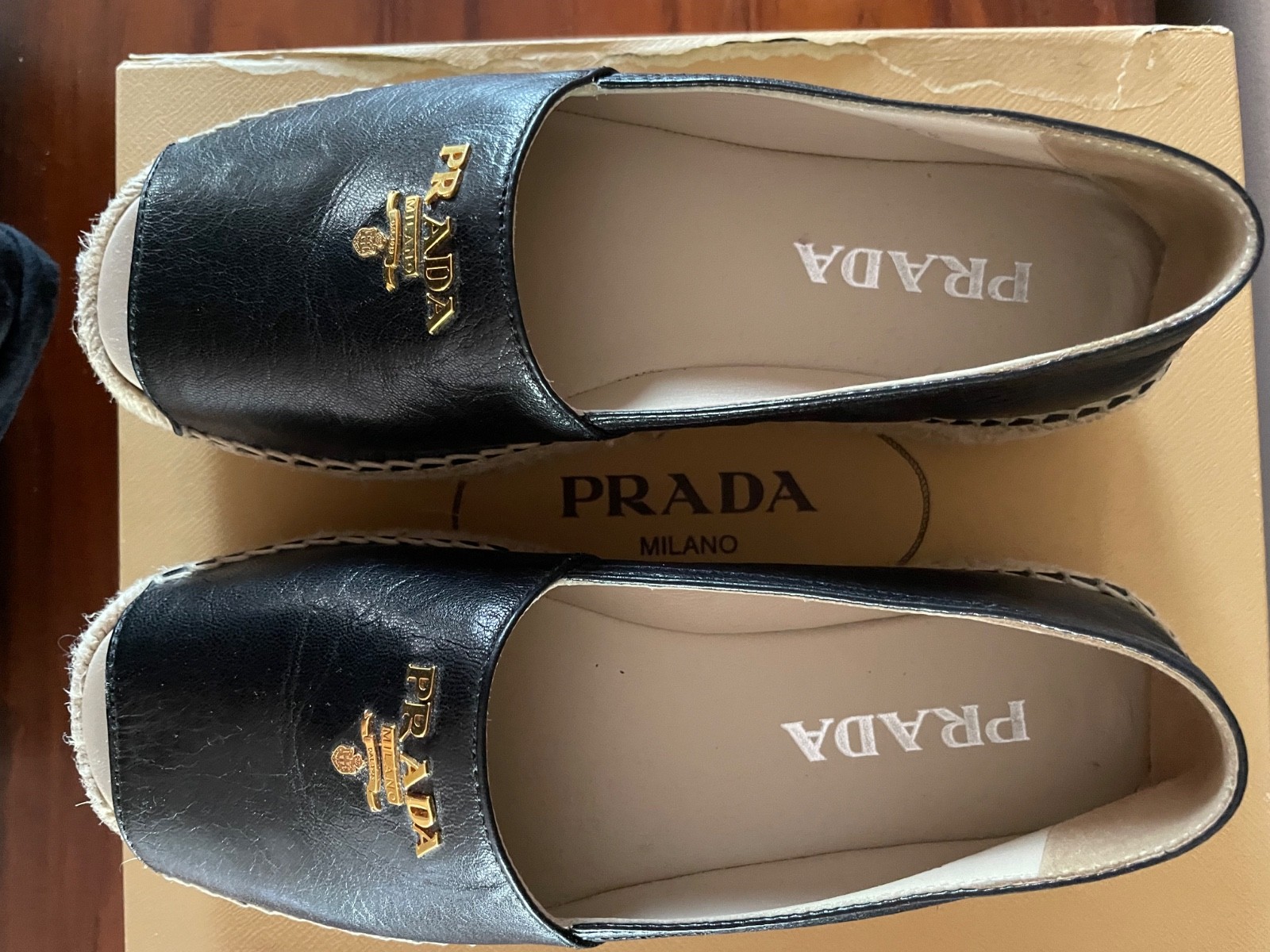 Prada Milano Madras Leather Espadrills Black Logo Shoes EU36.5 New