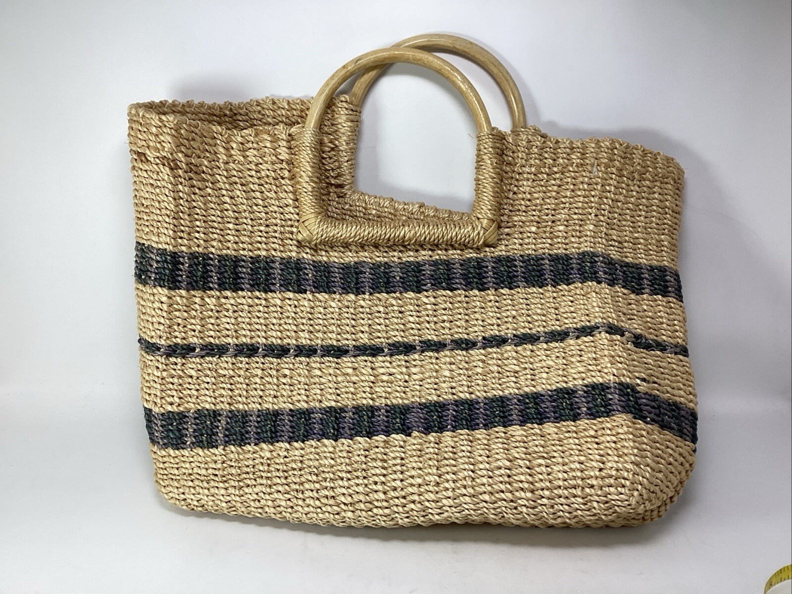 Woven Abaca Fiber Boho Tote Blue Stripes 14”x12”