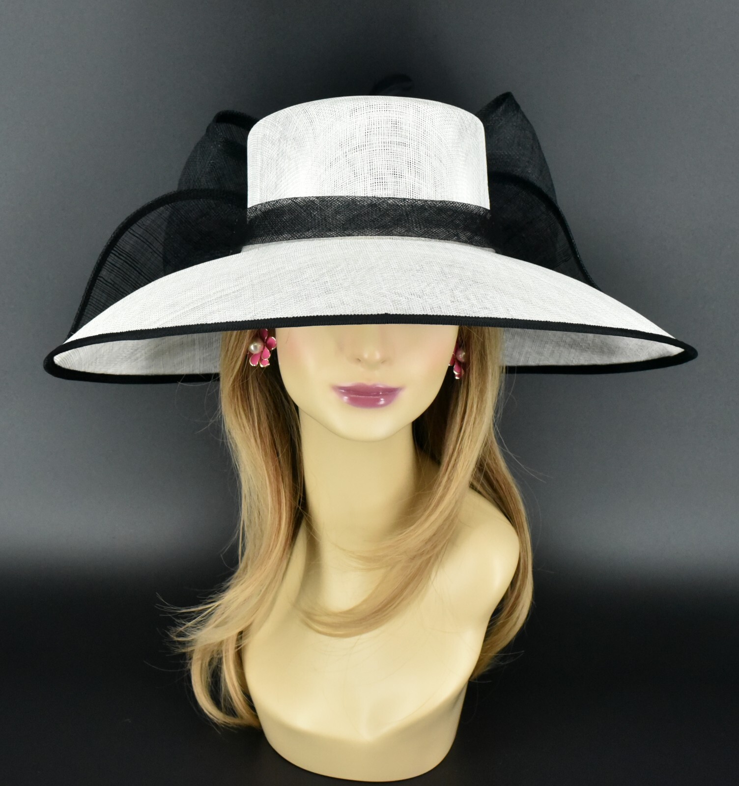 M95( White/Black)Kentucky Derby Church Wedding Royal Ascot Wide Brim Sinamay hat