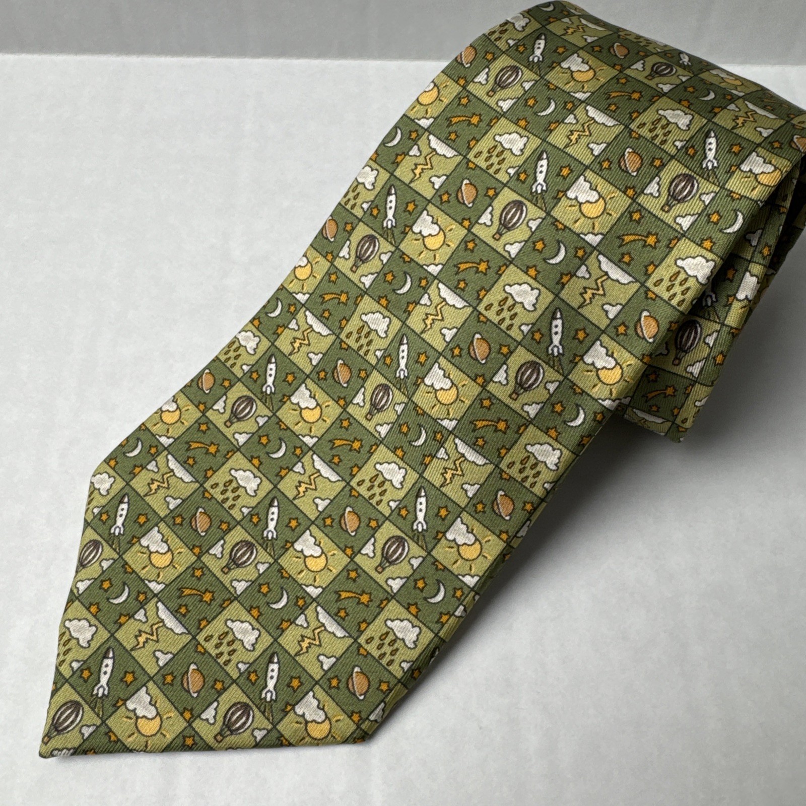 VTG Hermes Silk Tie Green Space Rockets Hot Air Balloons Novelty Print 7803 Mens