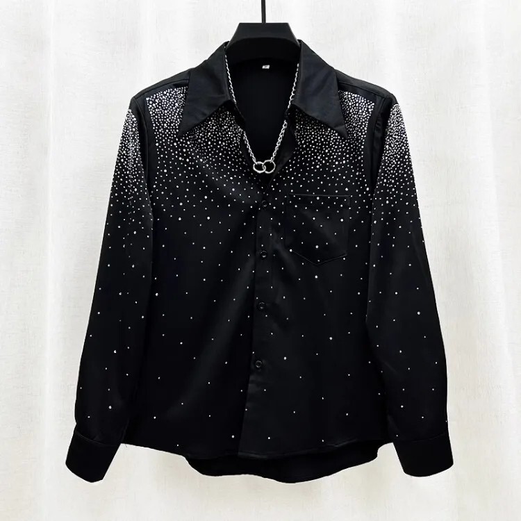 Men Luxury Fashion Trend Starry Sky Diamonds Rhinestone Casual Button Down Shirt