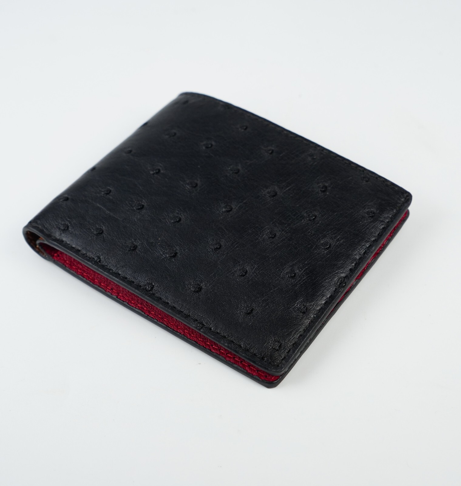 Genuine Ostrich Black/Red Bifold Leather Wallet Men’s Skin Wallet Handmade