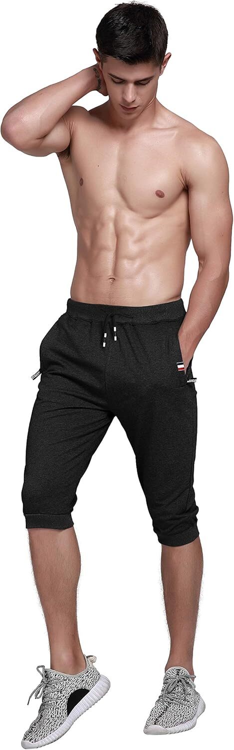 Men’s Cotton Casual 3/4 Jogger Running Capri Pants Below Knee 30, 01 Black