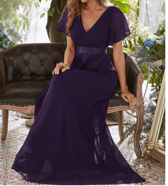 EVERPRETTY Elegant V-Neck Ruffle Butterfly Sleeve Deep Purple Bridesmaid Dress