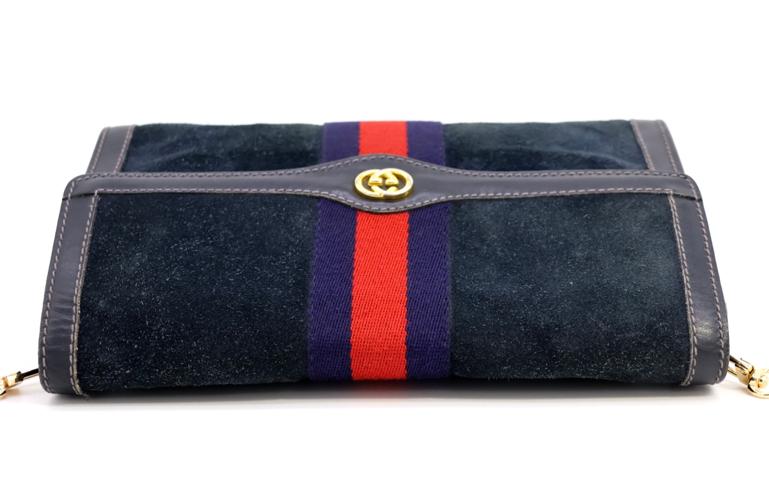 GUCCI VINTAGE Web Stripe Shoulder Bag Suede Leather Navy Classic Authentic