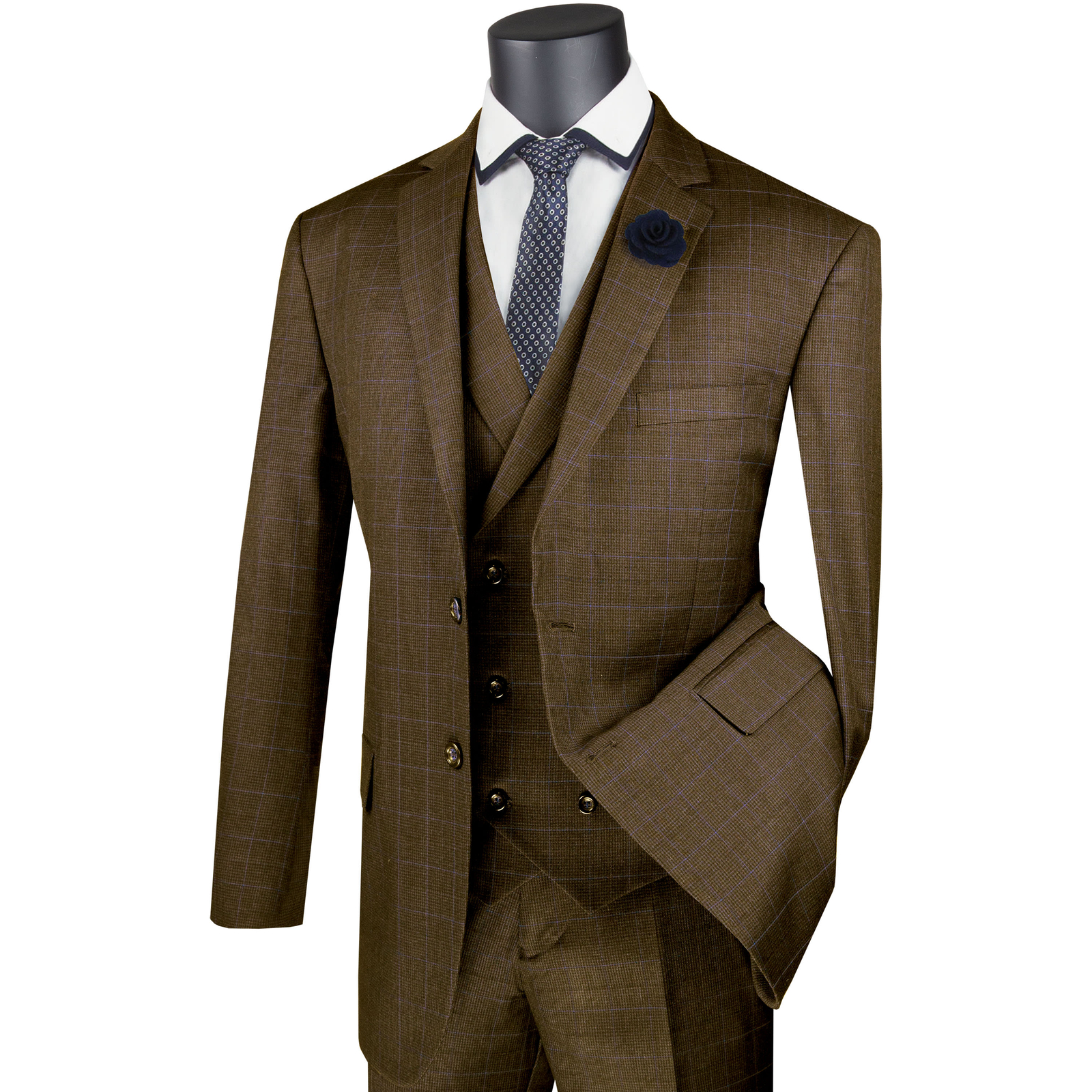 VINCI Men’s Taupe Brown Glen Plaid 3 Piece 2 Button Classic Fit Suit NEW