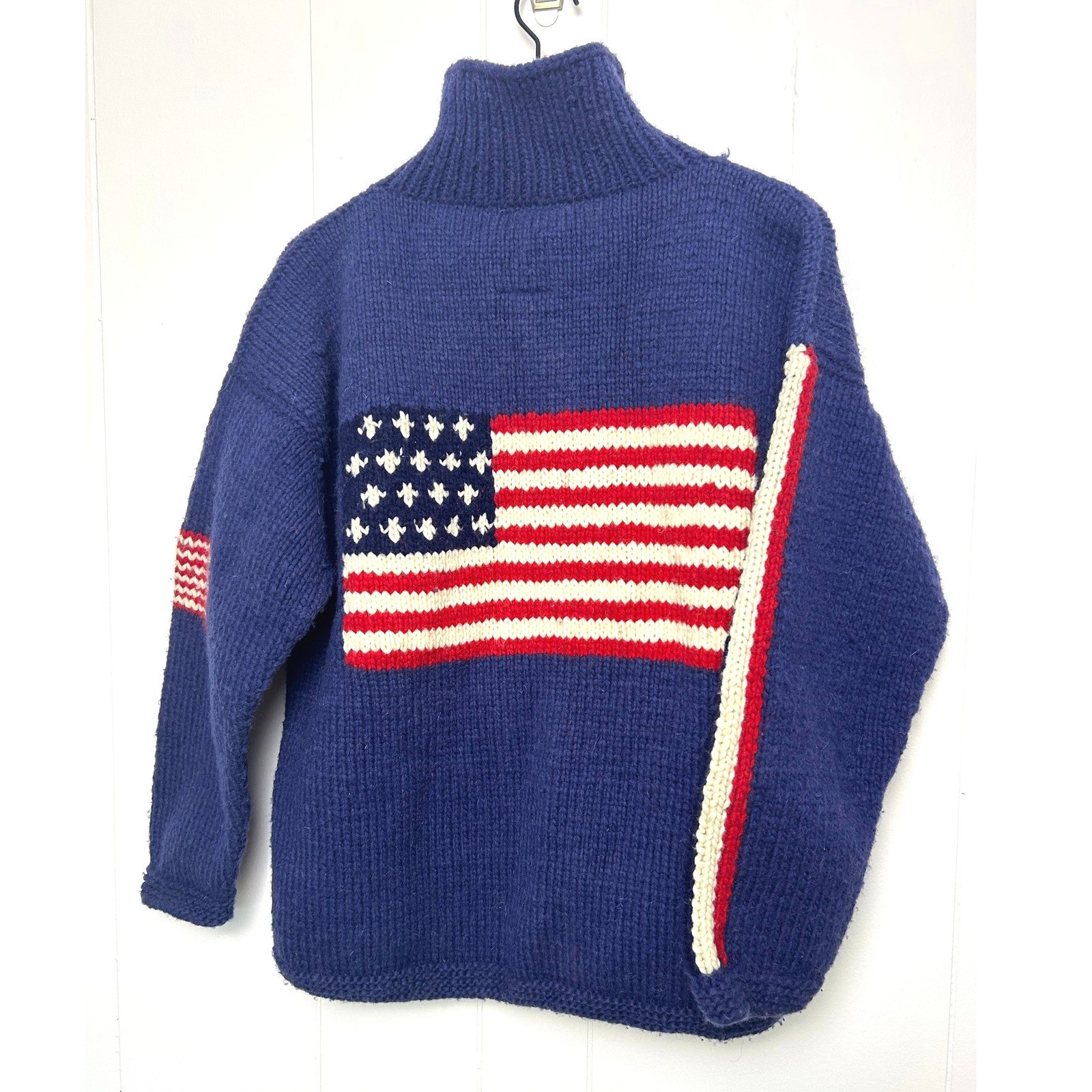 Woolies Vintage American Flag Knit Full Zip Cardigan Sweater Made in Ecuador