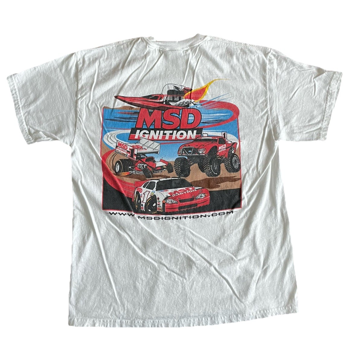 VTG MSD Ignition Racing T Shirt Hanes Beefy Large White Hot Rod Graphic Cars Y2K