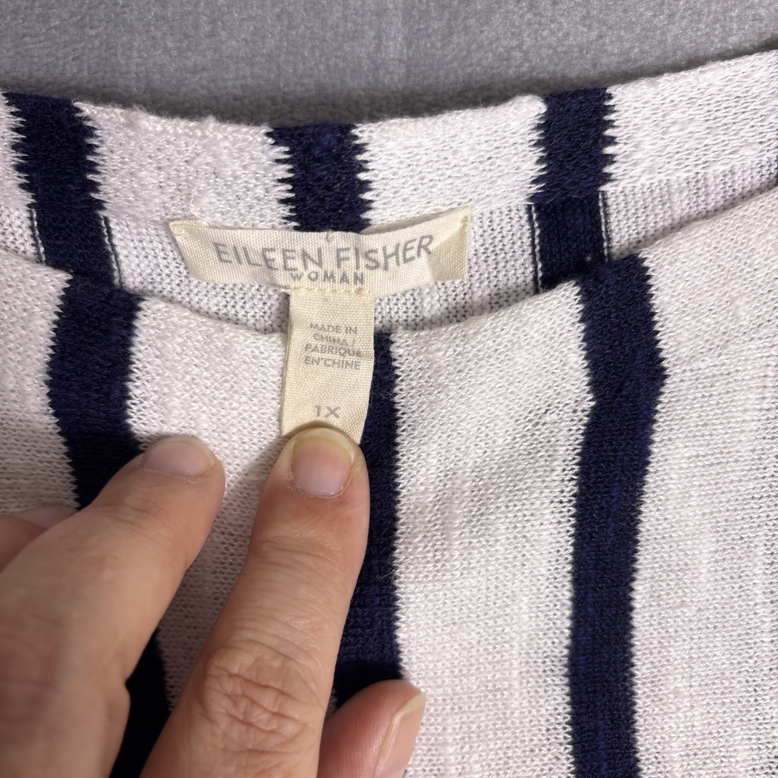 Eileen Fisher Womens Navy & White Linen Cotton Stripe Knit Sweater 1X Drapey