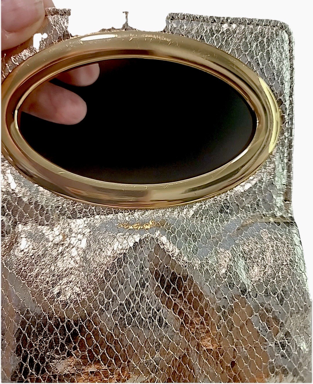 IMAN Metallic Metal Mesh Mini Clutch Silver Zippered Side Open Logo Metal Pull