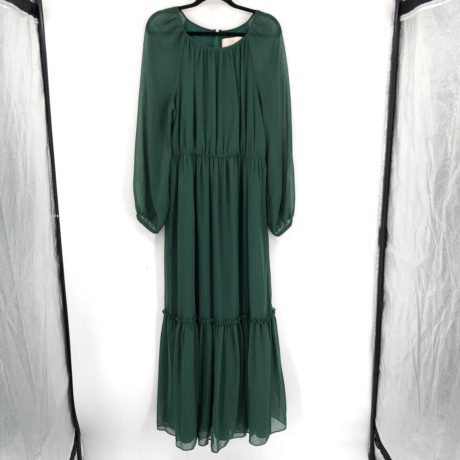 GAL MEETS GLAM Georgette Tiered Maxi Dress in Holly Green 16 Sheer Flowy Women