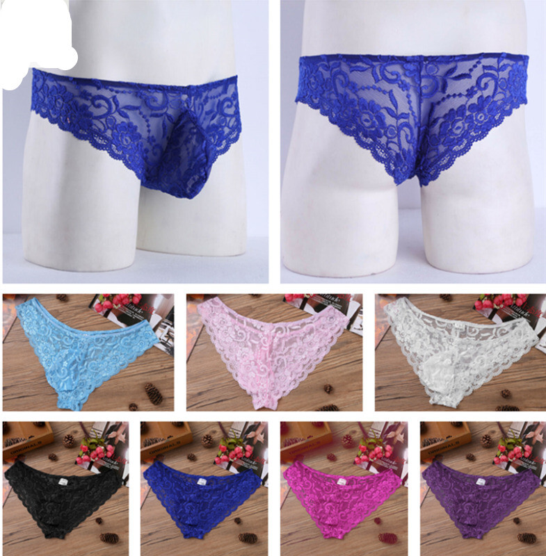 Mens Low Rise Bulge Pouch Briefs Underwear Sissy Sheer Lace Floral Lace Panties