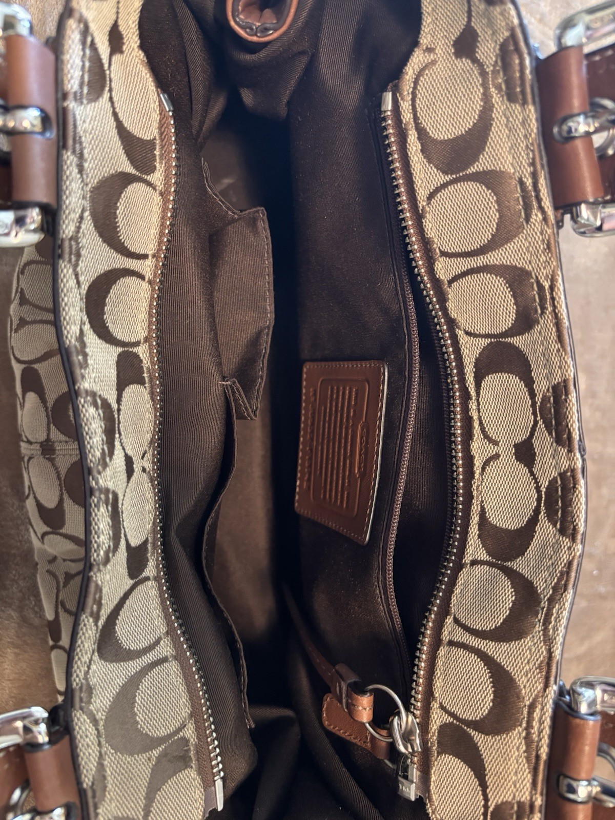 Coach Soho Signature C Monogram Shoulder Bag Brown Leather Trim Pleated