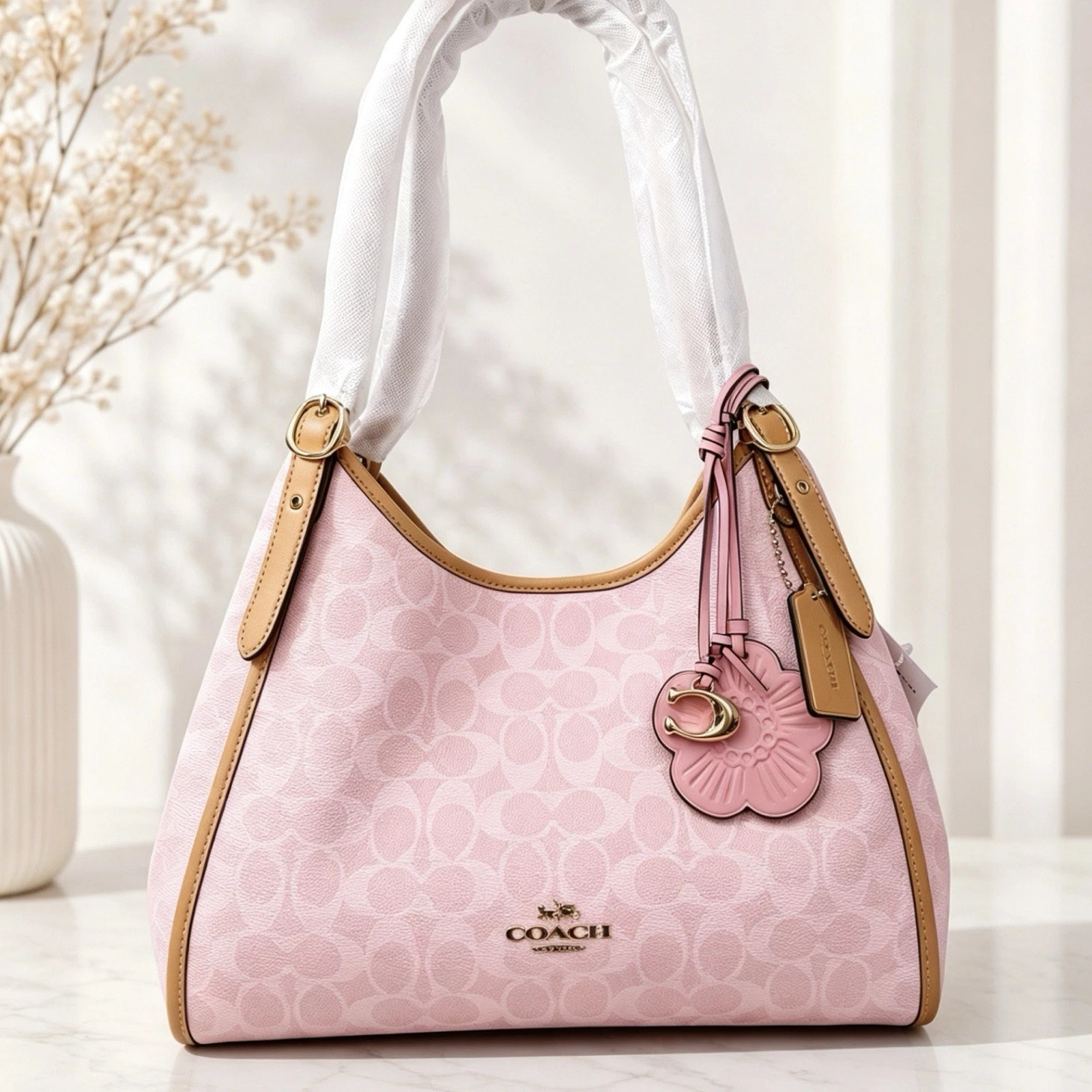 NWT Coach CEL13 Erin Shoulder Bag In Signature Canvas With Charms Powder Pink