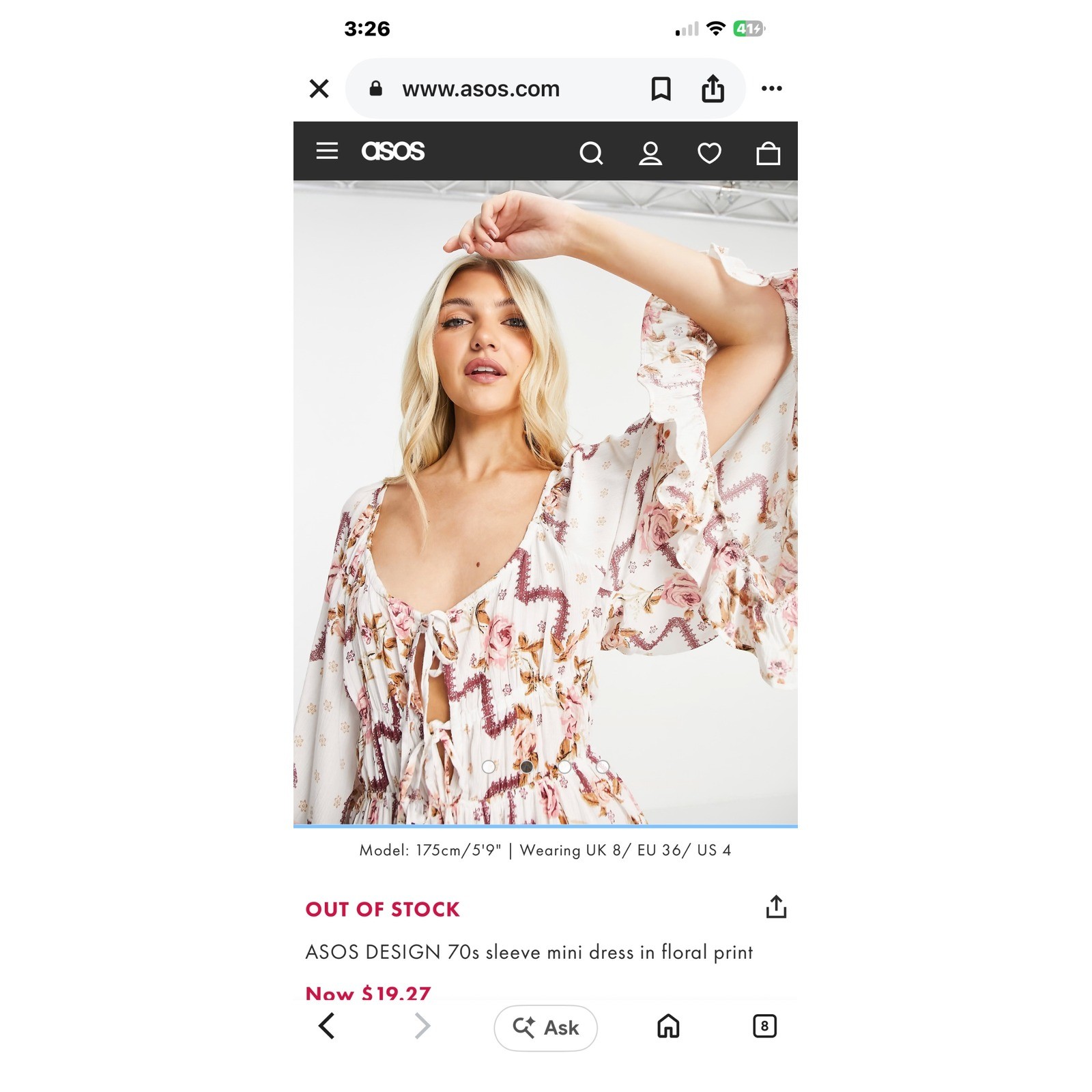 ASOS DESIGN 70s Sleeve Mini Dress Floral Print Boho Ruffle White Pink US 14
