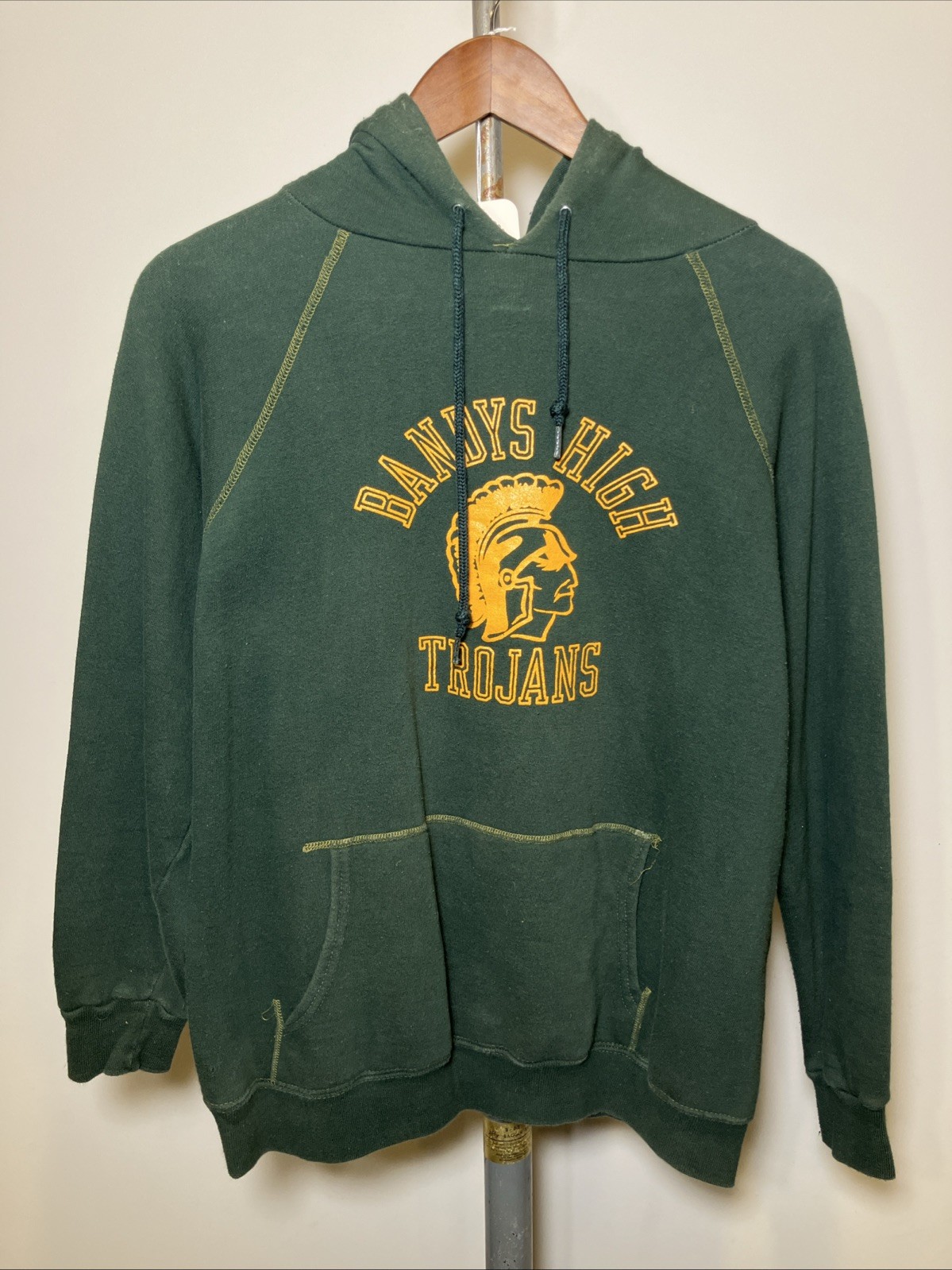 Vintage 70s Bandys High Trojans Raglan Hoodie Sweatshirt Contrast Medium 22×26