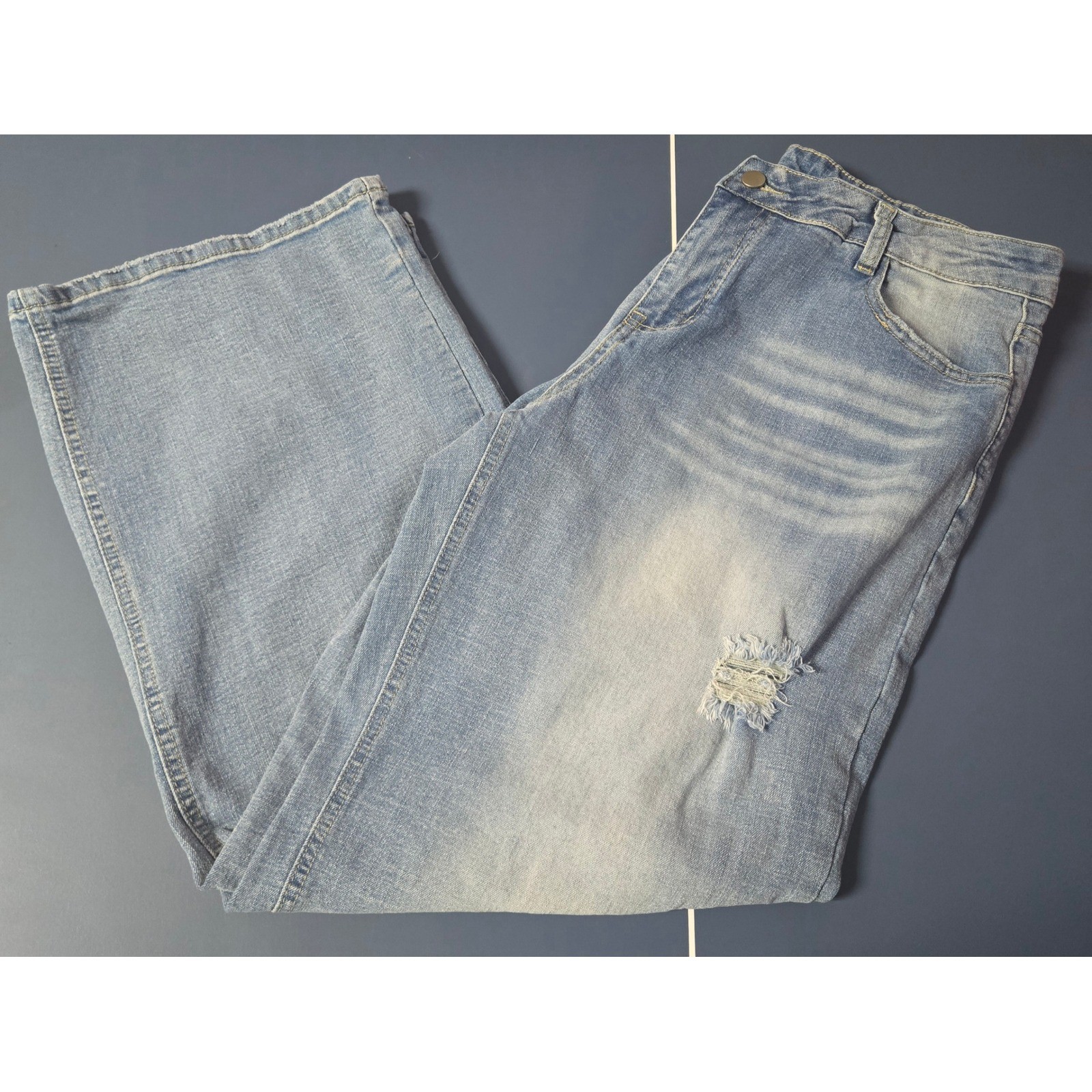 Light Wash Distressed Wide Leg Jeans XL Stretch Denim Ripped Blue Pants 38×38
