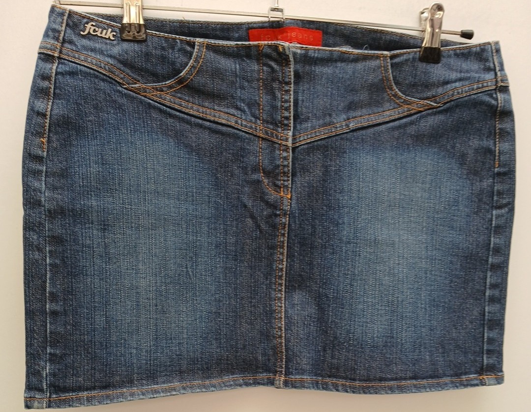 French Connection FCUK Denim Mini Skirt UK 14 Metal Logo Tag Zip and Hook Close.