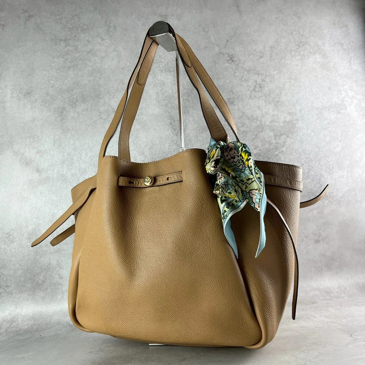 Tory Burch Romy Tote Bag Pebbled Leather Tiramisu Camel Brown Large 19.7in x 11