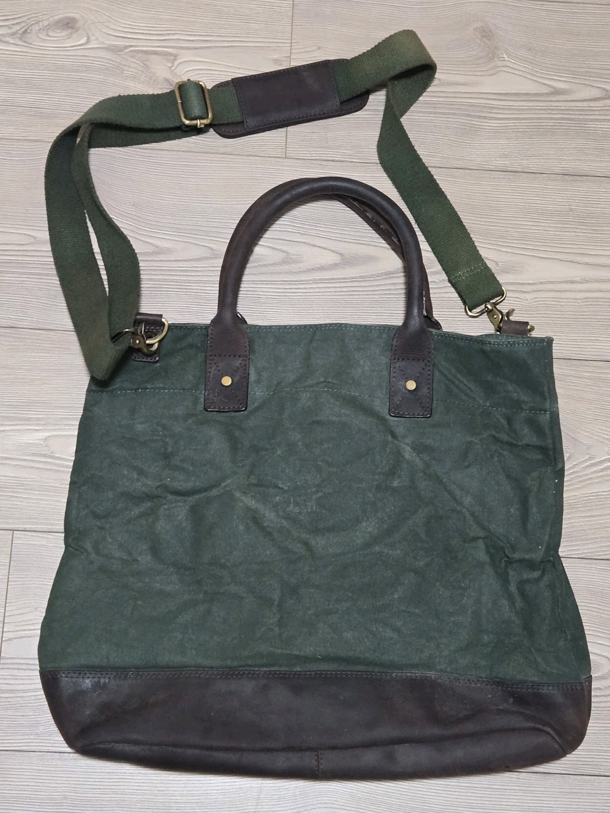 Waxed Canvas Tote Bag Leather Handles Forest Green Medium Size Lined 15″x16″