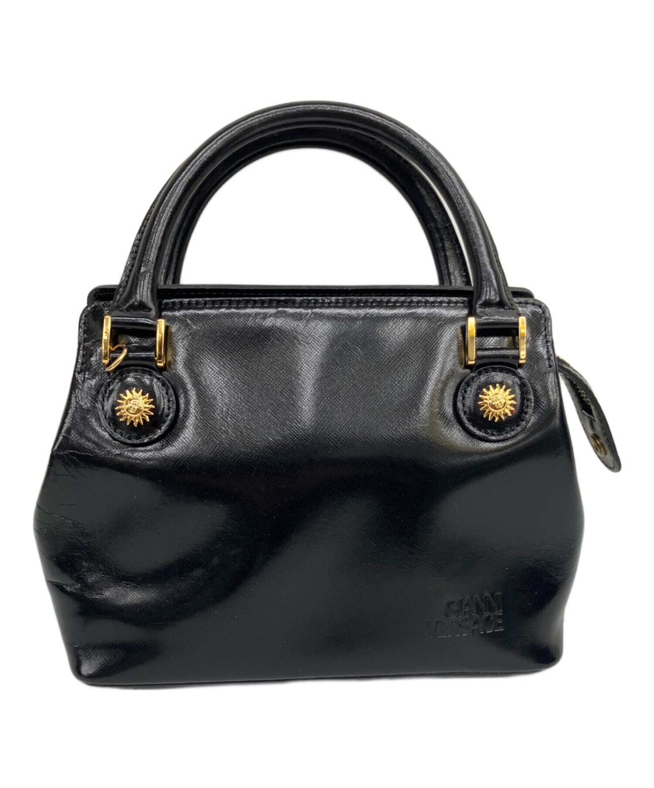 Gianni Versace Women’s Black Leather Top Handle Handbag Gold Medallion Auth
