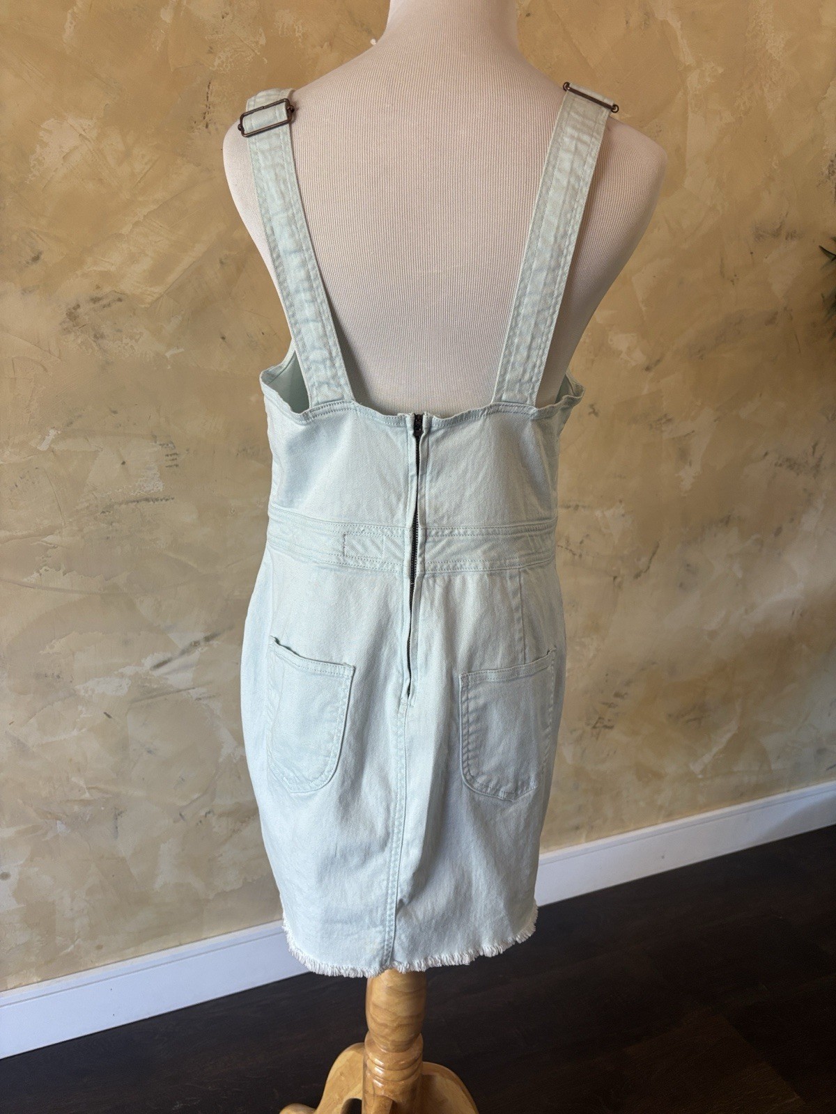 Dickies Light Blue Denim Overall Mini Dress Square Neck Zip Pockets Logo L