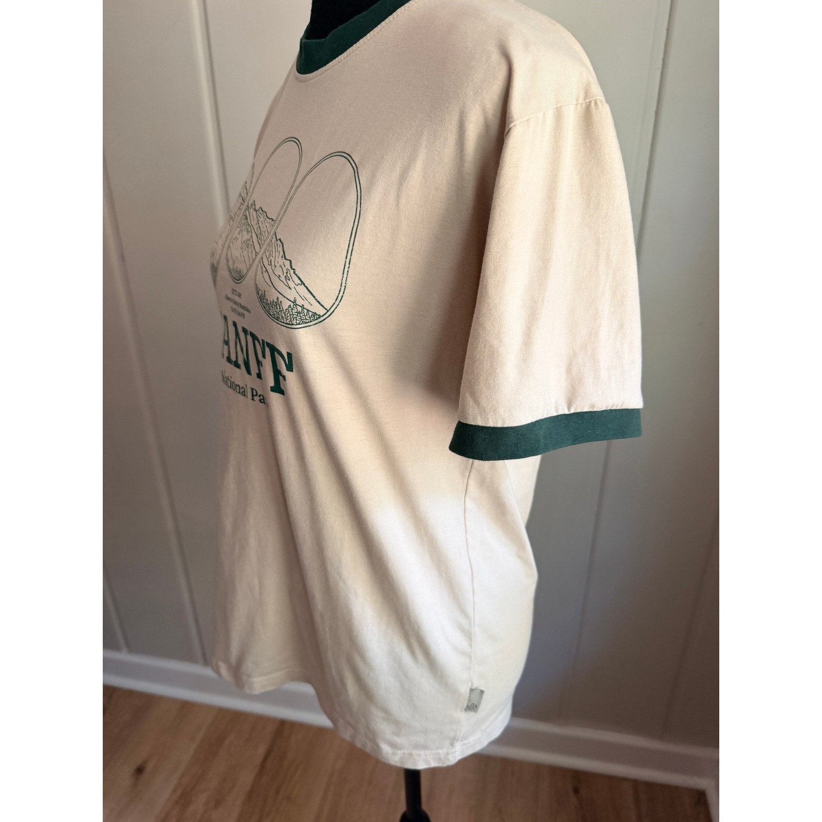 Banff National Park Graphic Tee Cream Green ringer sleeves