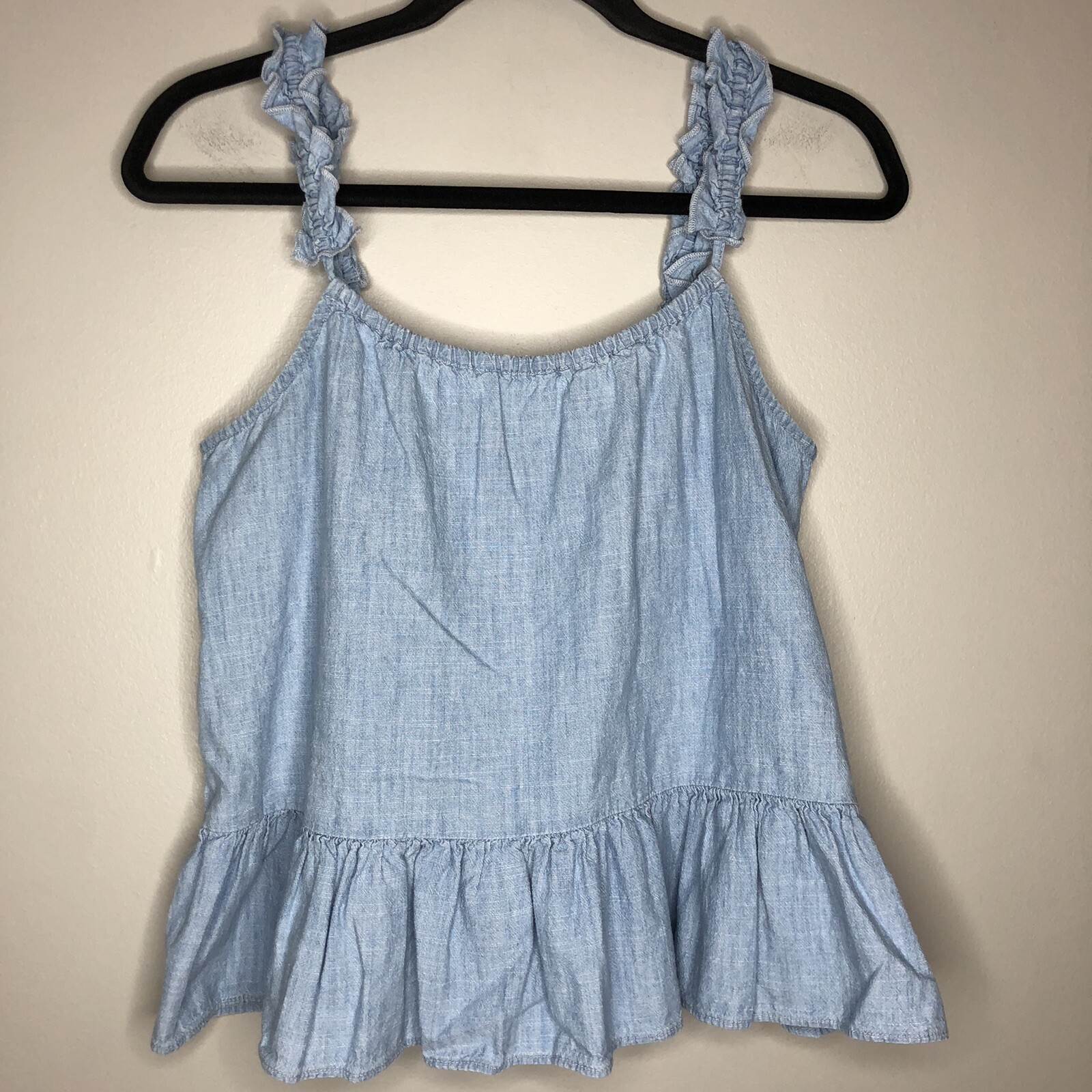 Madewell Women’s 2 Blue Spaghetti Strap Ruffle Bottom Sleeveless Denim Cami Top