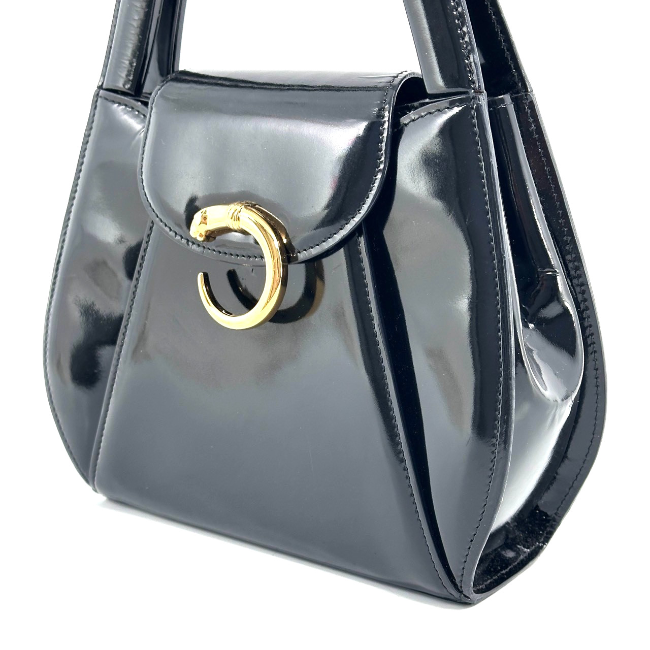 Cartier Panthere Hand Bag Patent Leather Black Gold Buckle Authentic