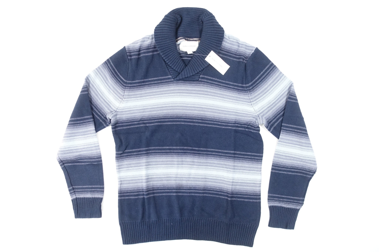 SUN STONE STRIPED NAVY BLUE LARGE HEAVY KNIT SHAWL NECK SWEATER MENS NEW