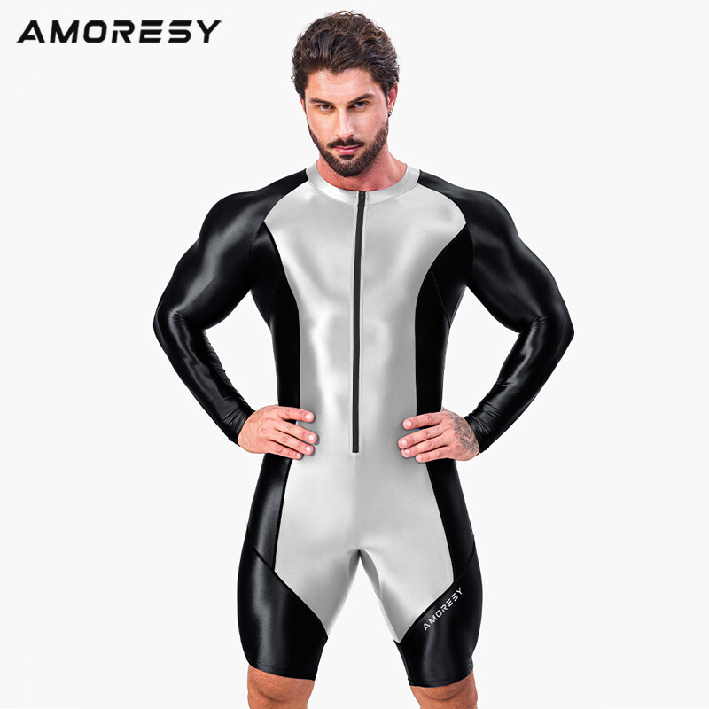 AMORESY Men Glitter Tracksuits Long Sleeve Fitness Overalls Gymnastics Leotards