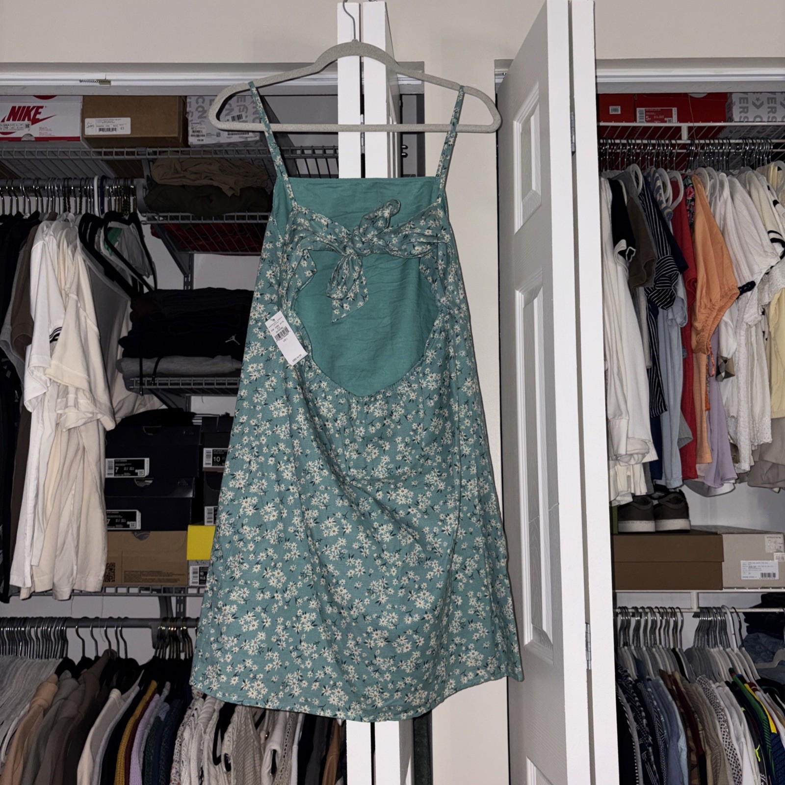 American Eagle Floral Sundress Teal Spaghetti Strap Open Tie Back Small