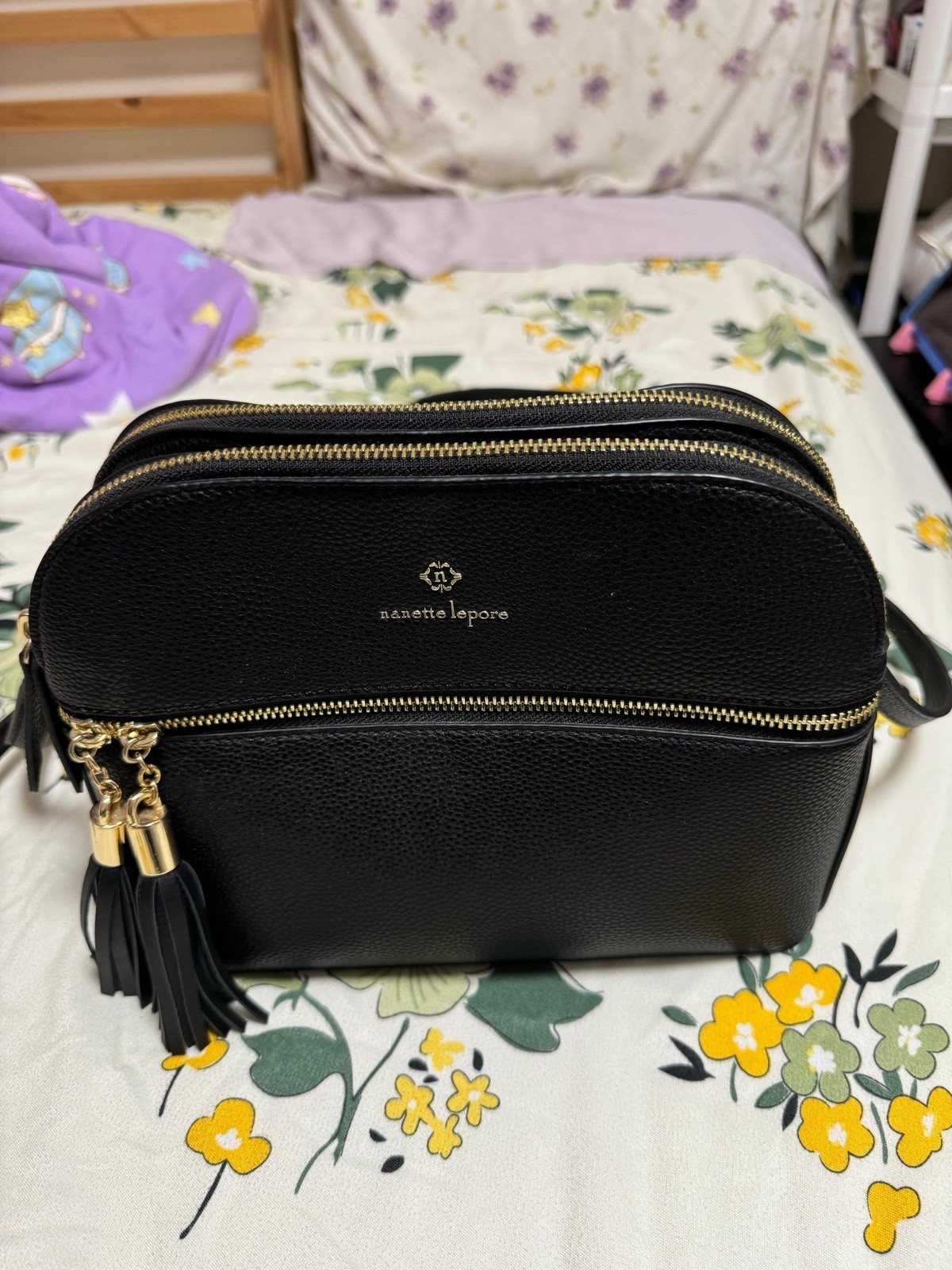 Nanette Lepore Black Crossbody Bag Gold Hardware Zip Tassel Adj Detach Strap