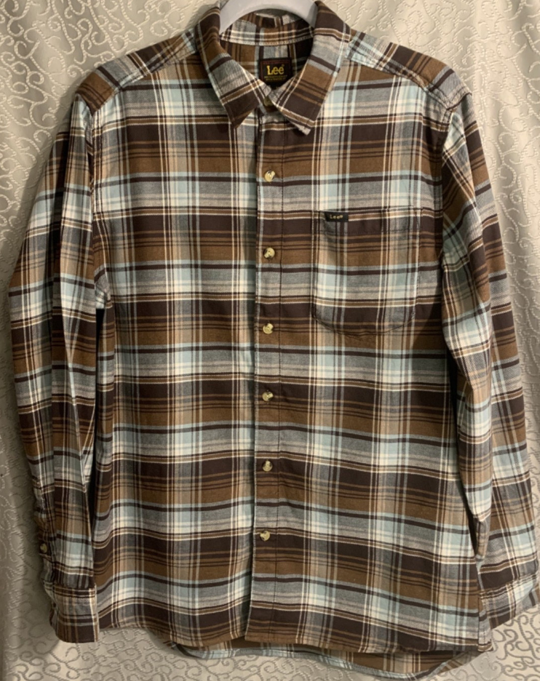 Lee 98% Cotton/2% Elastane Brown/Blue Plaid Flannel Shirt Size M