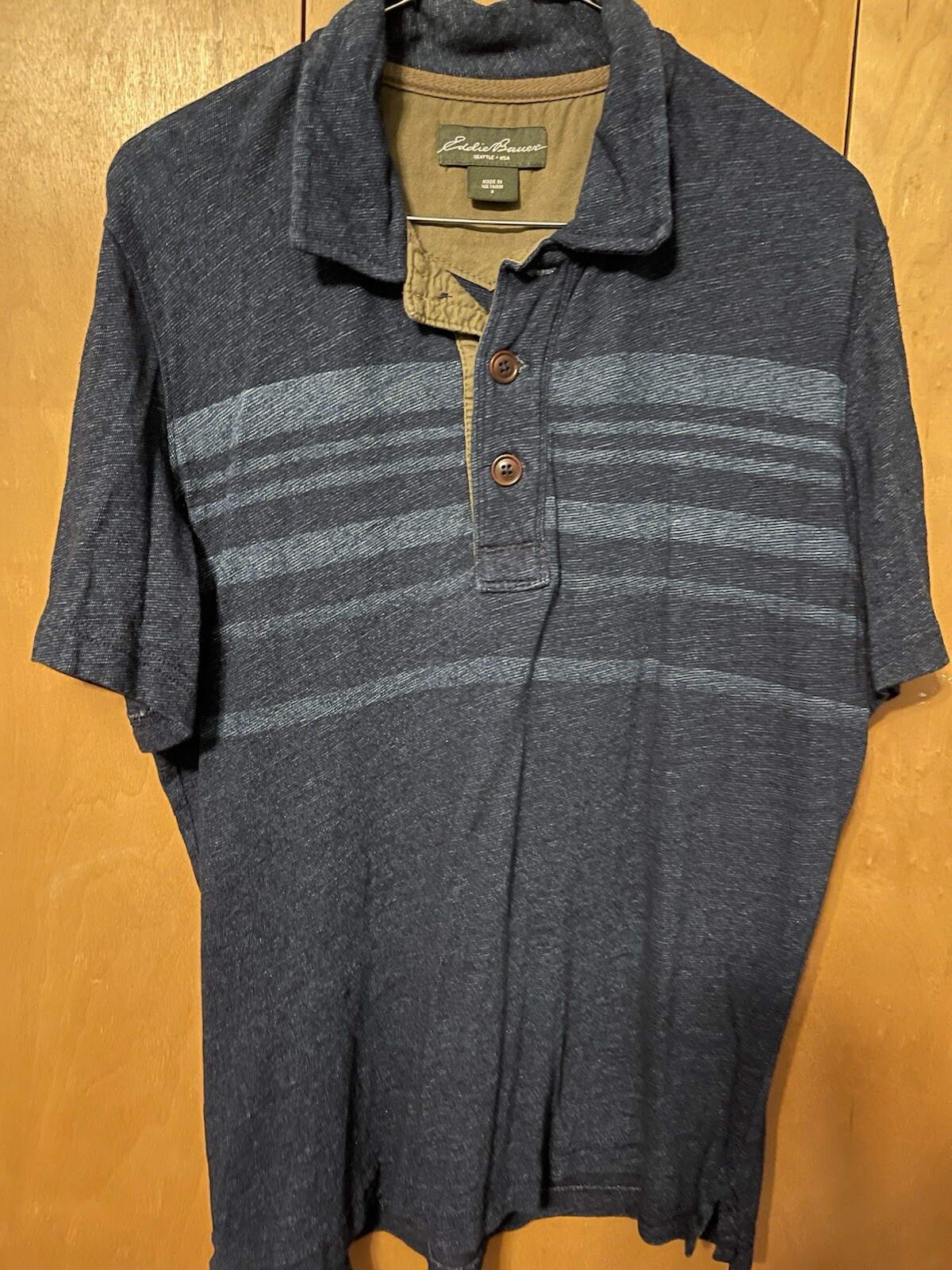 EDDIE BAUER CLASSIC LEGEND COTTON NAVY BLUE STRIPED POLO MEN SIZE SMALL EUC