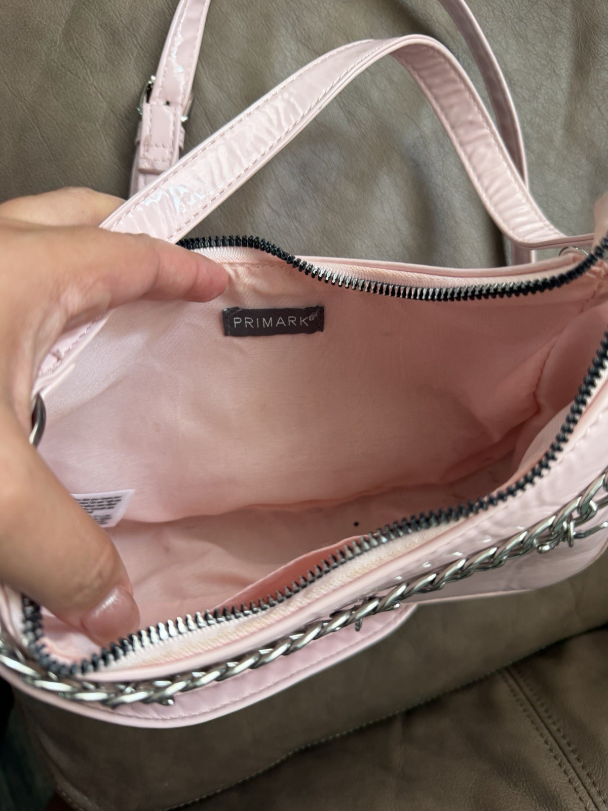 Primark Pink Patent Shoulder Bag Crossbody Strap Detachable Strap Silver Zip