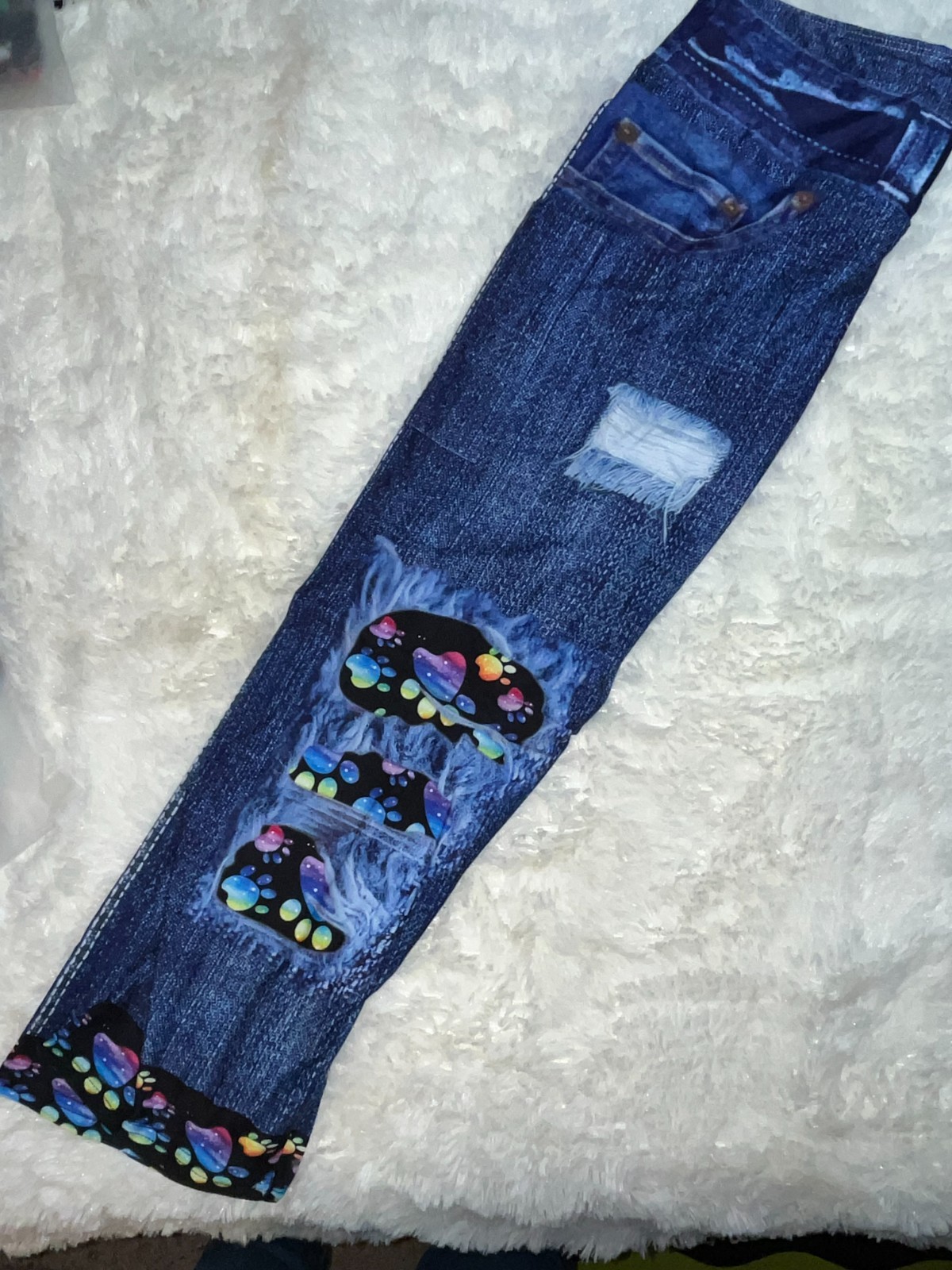 Faux Denim Distressed Rainbow Paw Prints Capris ||Dog Mom|| Buttery Soft || TC2