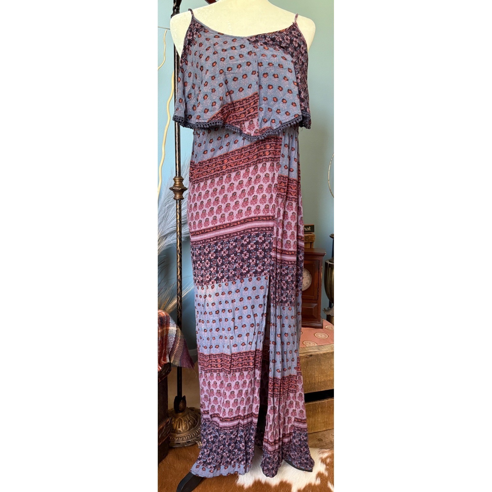 Boho Floral Pom Pom Trim Cutout Back Maxi Dress Purple M