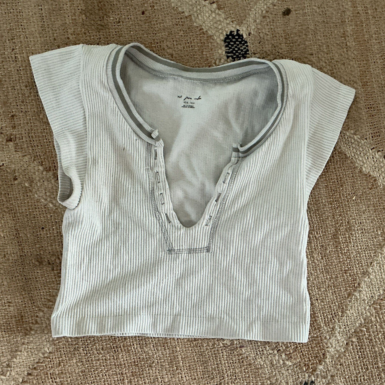 Urban Outfitters Maternity XS White/Gray Striped Ribbed V-Neck Button Tee