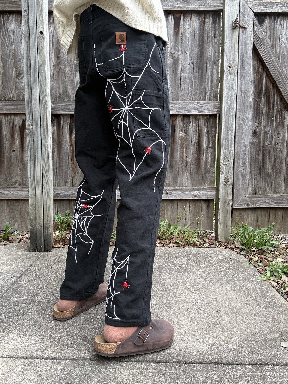 Custom Rework Carhartt Faded Black Jeans – Embroidered Spider Web Size 28×32