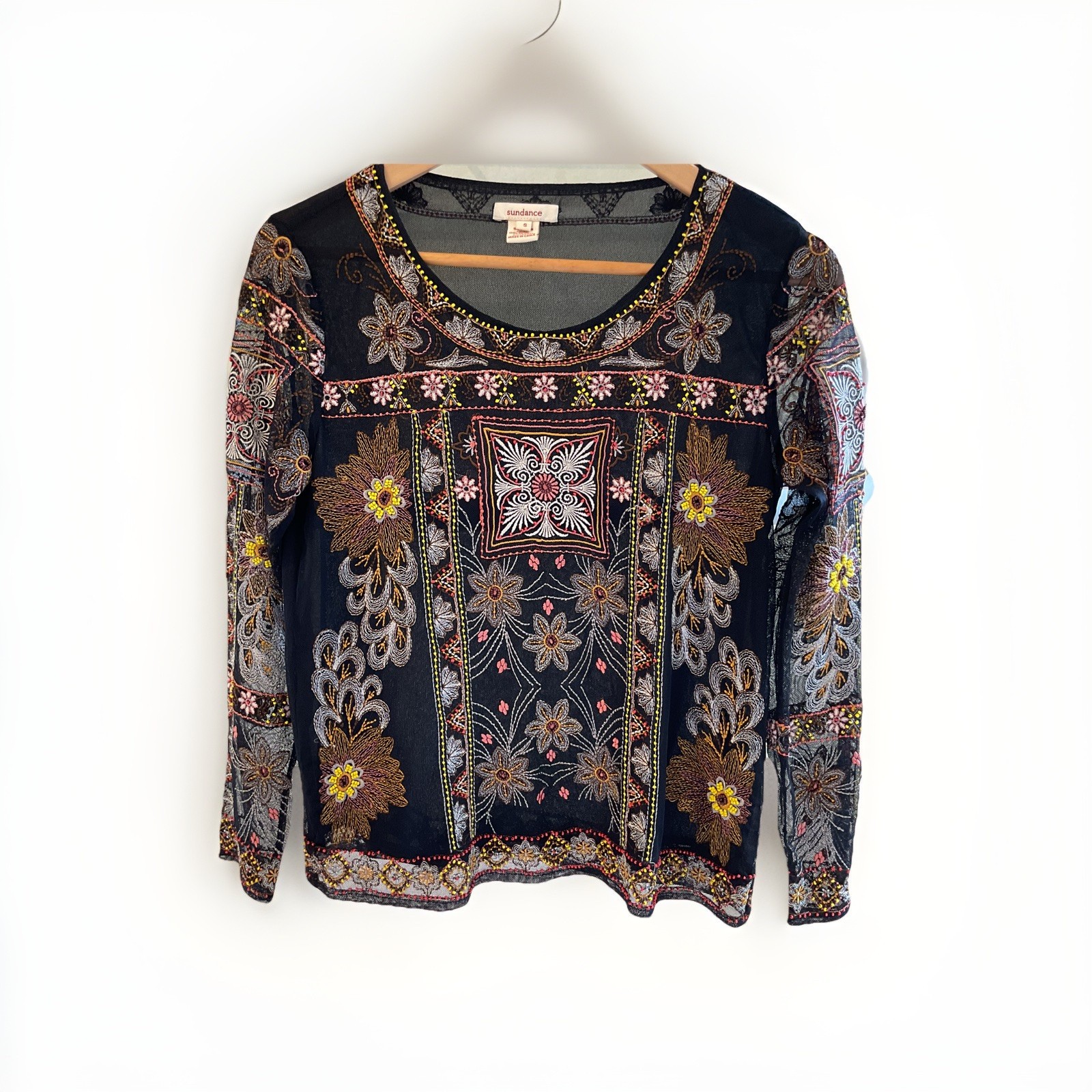 Sundance Beaded and Embroidered Floral Black Peasant Top Long Sleeve Sz S