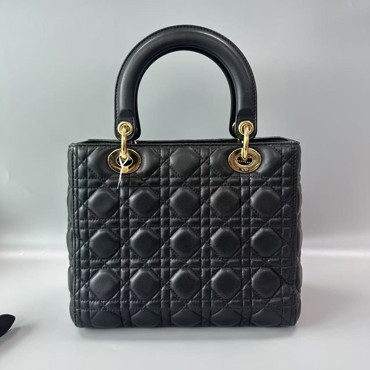 Auth Christian Dior Lady Dior Medium Black Lambskin Gold Hardware Handbag